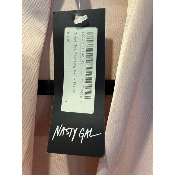 Nasty Gal Blush Pink Satin Drape Plunging Long Sleeve Blouse Shirt Top S - Picture 5 of 9